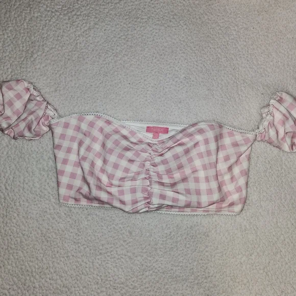 NWT Dolls Kill Pink And White Plaid Sexy Peasants Style Crop Top 😍 - Picture 3 of 7